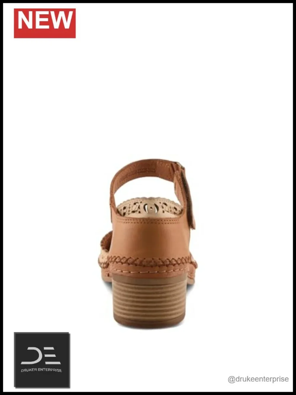 Women's Leather Block Heel Sandals Laser-Cut Cushioned Ankle Strap